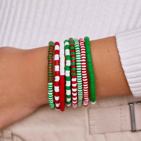 Red, Green & White Stretch Bracelet Set of 8