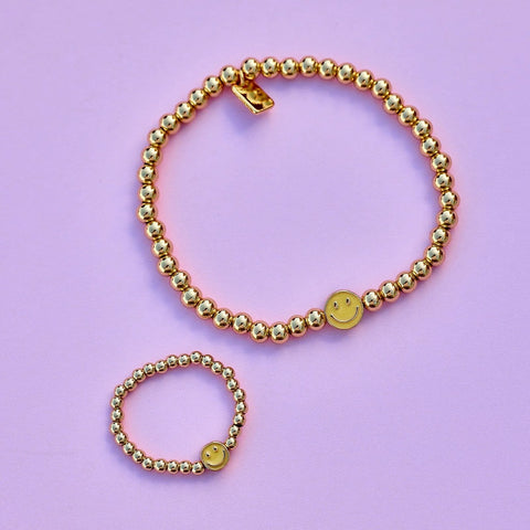 Happy Face Gold Bead Stretch Ring