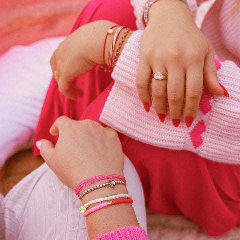 Pink and Red Vinyl Disc Bead Stretch Bracelet Set